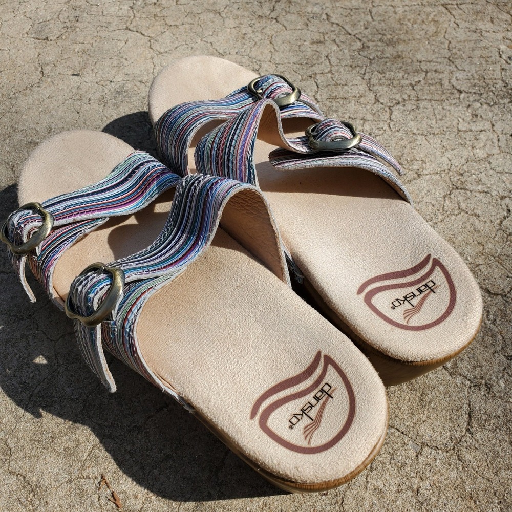 Dansko Sophie Multi Color Strappy Striped Leather Slide Sandals Wedge 37 Casual - Picture 5 of 11